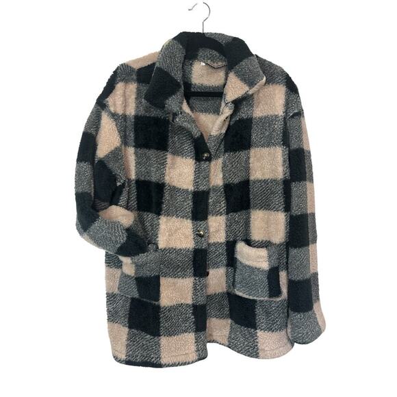 SHEIN Buffalo Plaid Teddy Coat Black/Pink--Size L--EUC - Picture 1 of 4